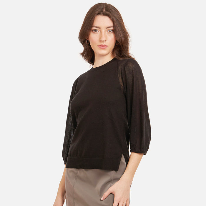 Autumn Cashmere Hi Lo Crew W/ Sheer Puff Sleeves In Black