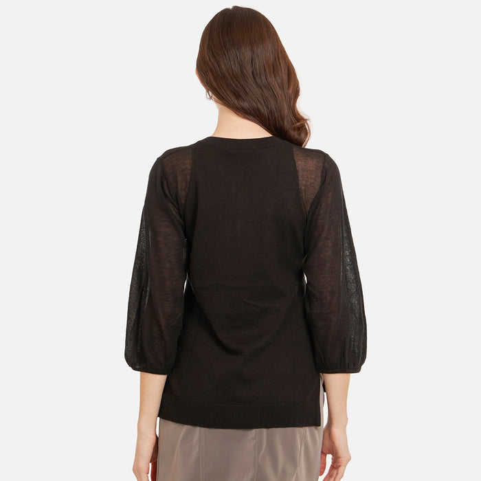 Autumn Cashmere Hi Lo Crew W/ Sheer Puff Sleeves In Black