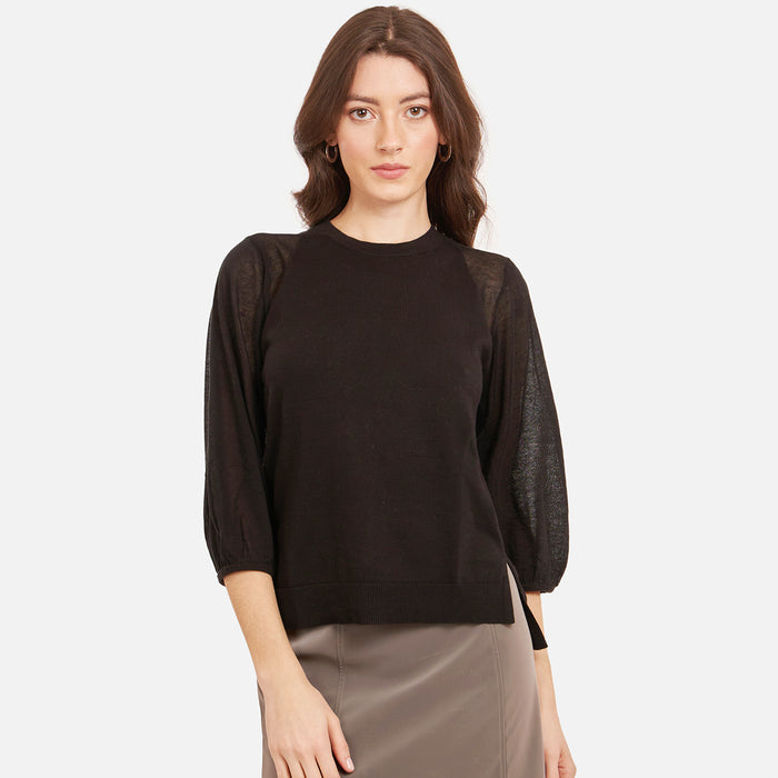 Autumn Cashmere Hi Lo Crew W/ Sheer Puff Sleeves In Black