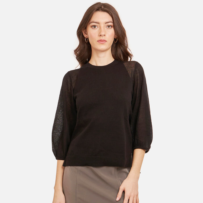autumn cashmere Hi Lo Crew w/ Sheer Puff Sleeves in Black