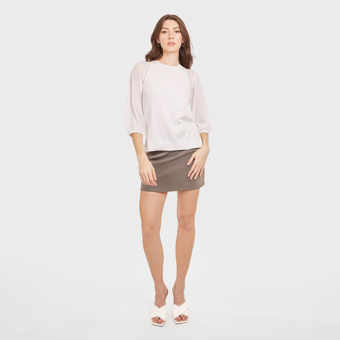 Autumn Cashmere Hi Lo Crew W/ Sheer Puff Sleeves In White