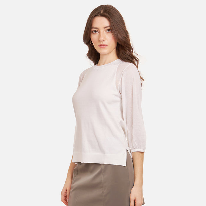 Autumn Cashmere Hi Lo Crew W/ Sheer Puff Sleeves In White