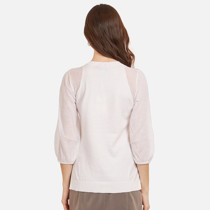 Autumn Cashmere Hi Lo Crew W/ Sheer Puff Sleeves In White