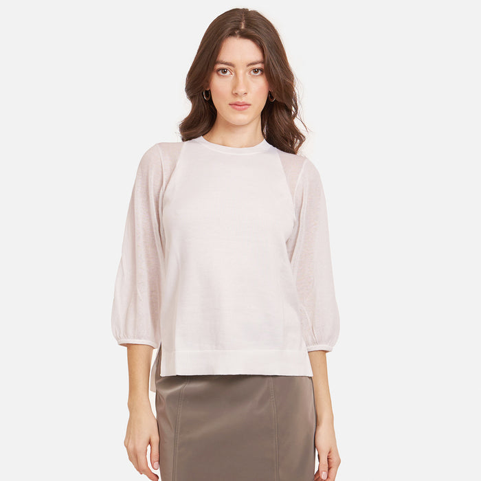 autumn cashmere Hi Lo Crew w/ Sheer Puff Sleeves in White
