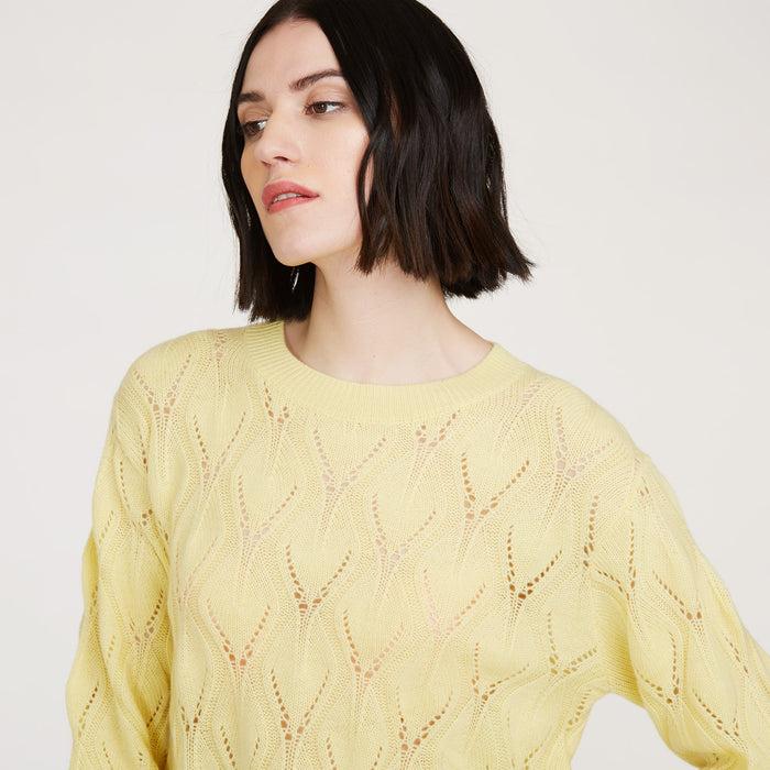 Autumn Cashmere Leaf Pointelle Cropped Boxy Crew In Banana