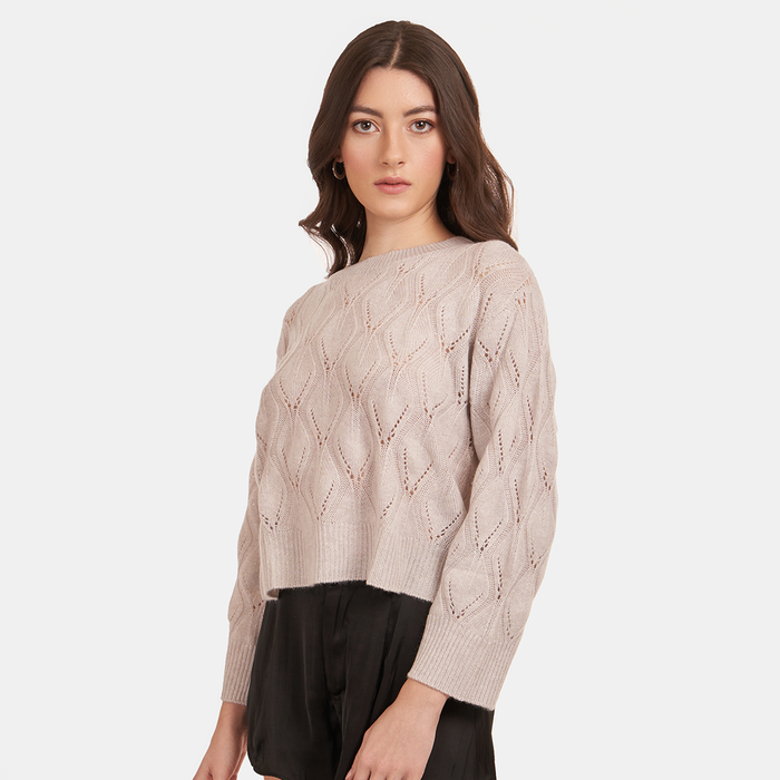 Autumn Cashmere Leaf Pointelle Cropped Boxy Crew In Birch