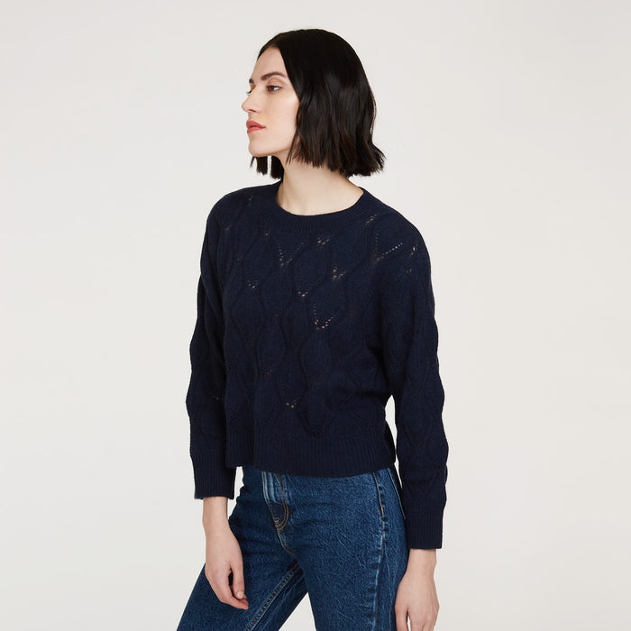 Autumn Cashmere Leaf Pointelle Cropped Boxy Crew In Navy