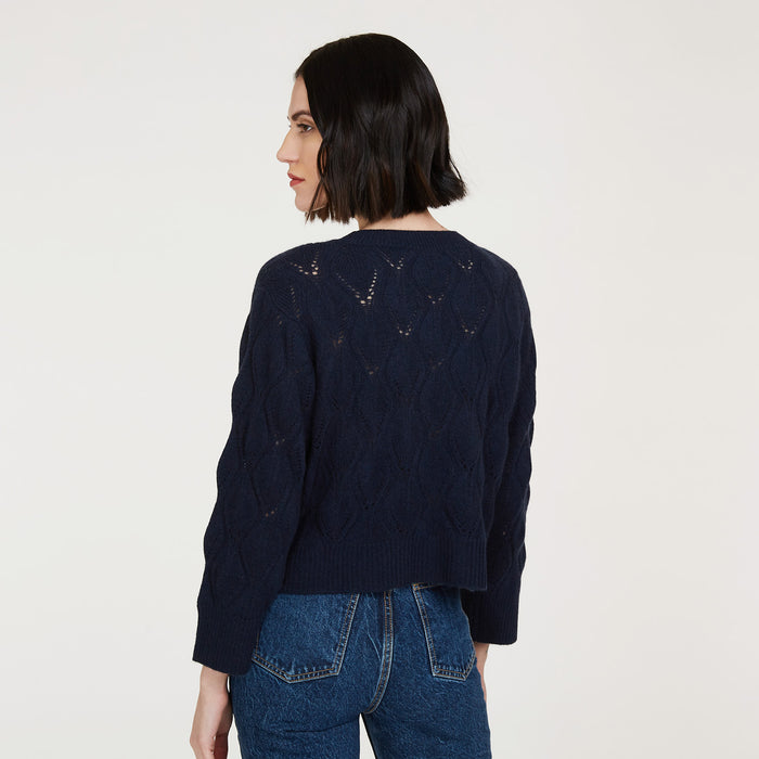 Autumn Cashmere Leaf Pointelle Cropped Boxy Crew In Navy
