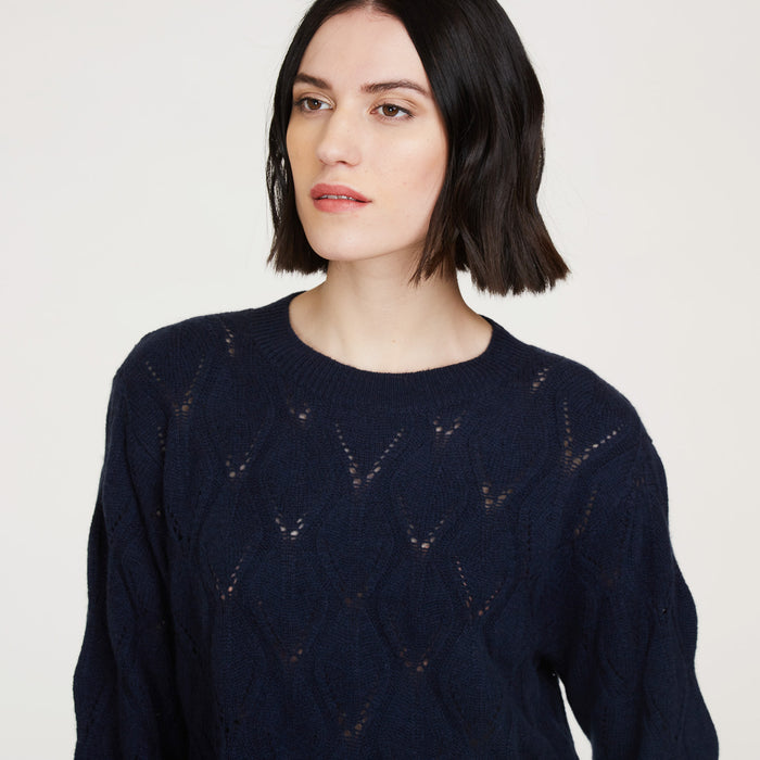 Autumn Cashmere Leaf Pointelle Cropped Boxy Crew In Navy