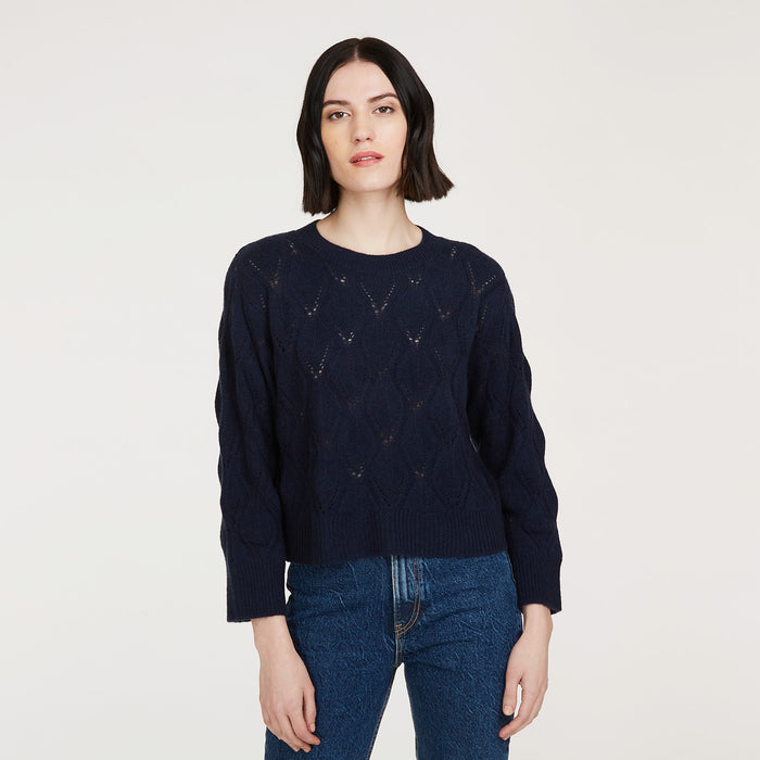 autumn cashmere Leaf Pointelle Cropped Boxy Crew in Navy