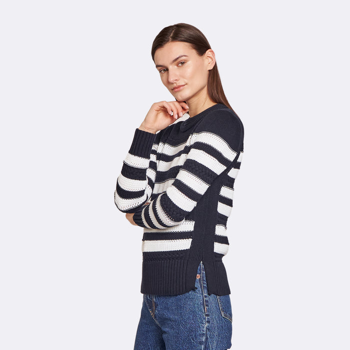 Autumn Cashmere Mixed Stitch Stripe Crew In Navy/Bleach