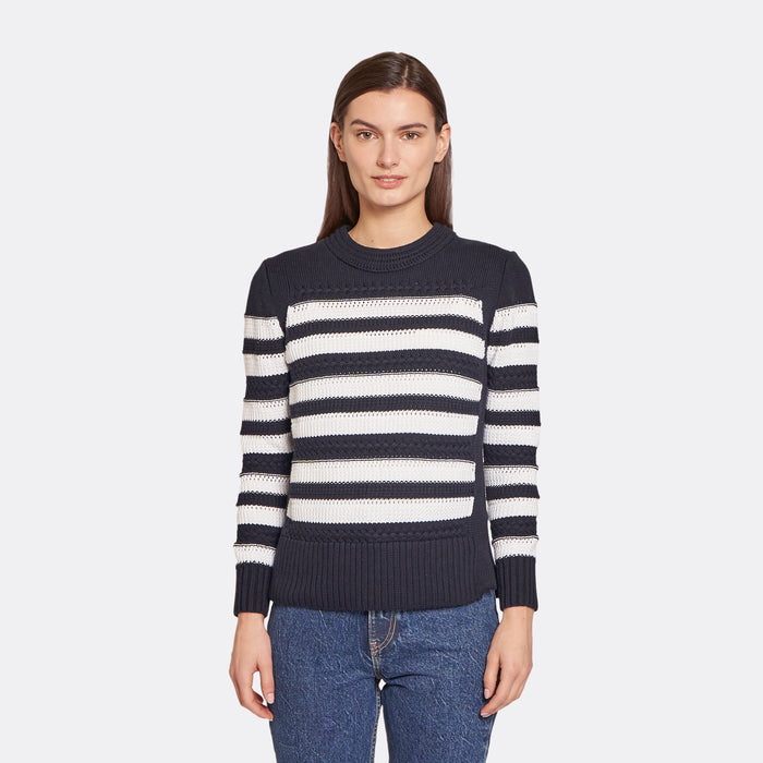 autumn cashmere Mixed Stitch Stripe Crew in Navy/Bleach