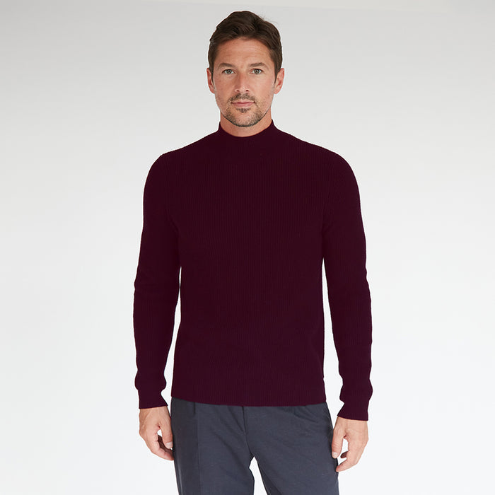 autumn cashmere Mock Neck with Shaker Stitch in Lava Burgundy