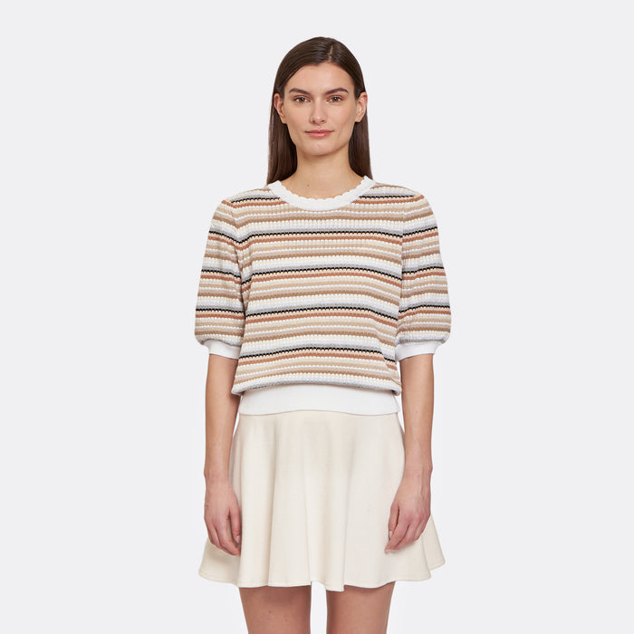 Autumn Cashmere Multi Stripe Texture Puff Sleeve Crew
