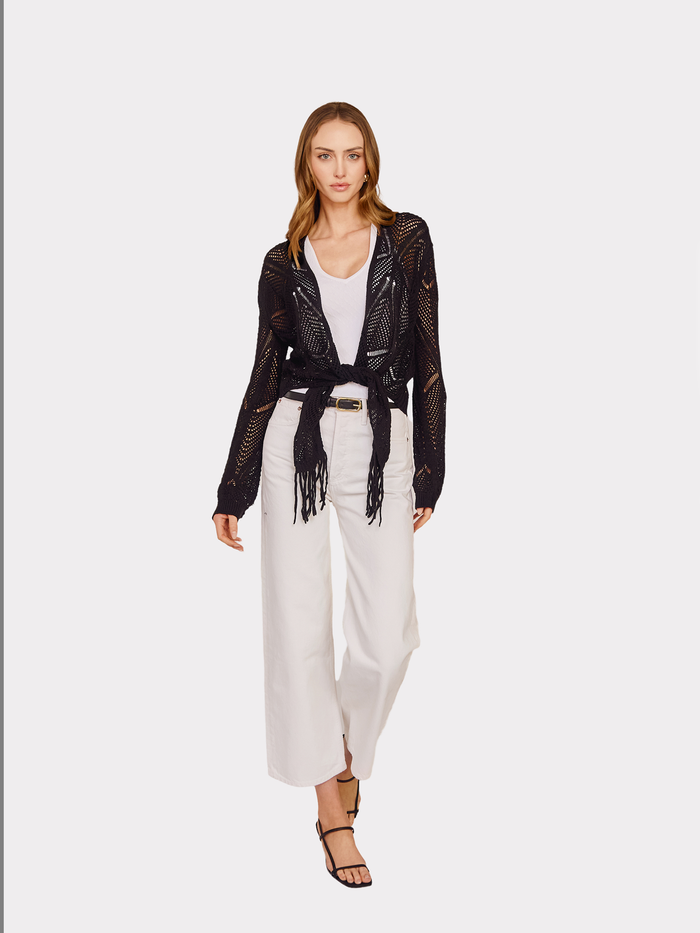 Autumn Cashmere Open Stitch Tie Front W/ Fringe In Black