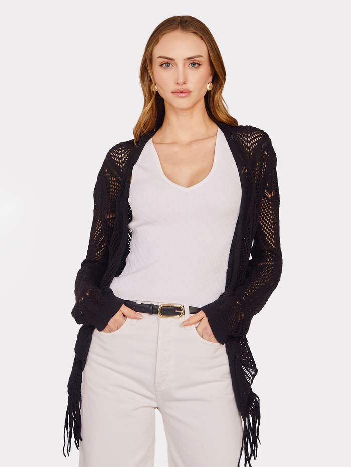 Autumn Cashmere Open Stitch Tie Front W/ Fringe In Black