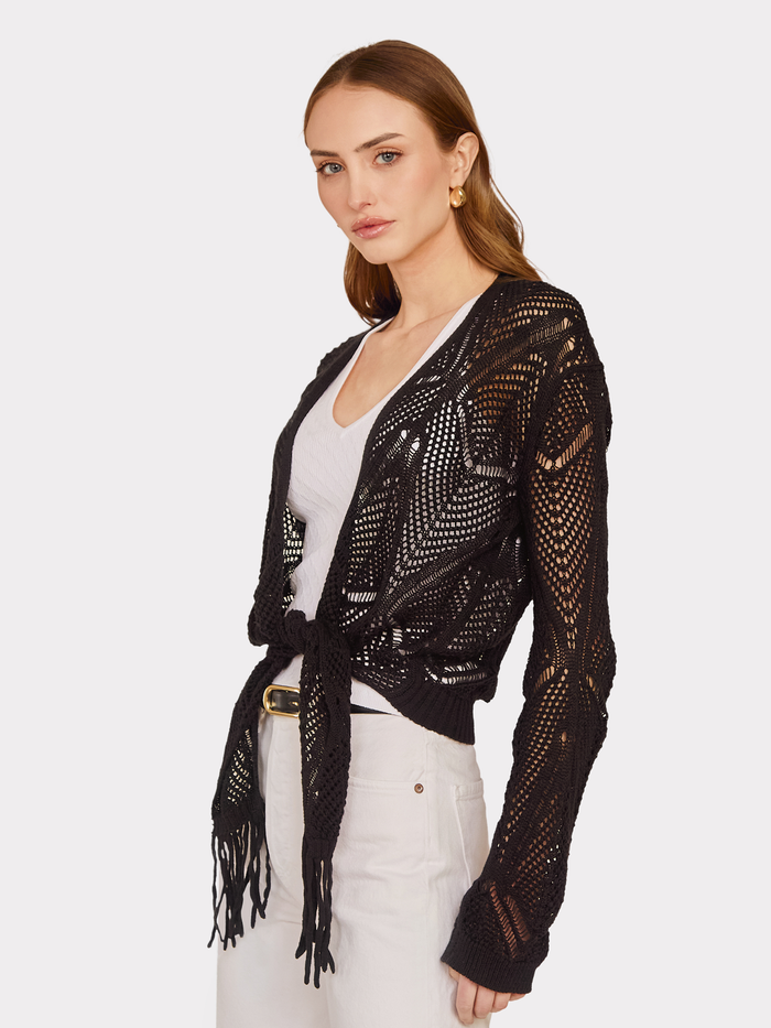 Autumn Cashmere Open Stitch Tie Front W/ Fringe In Black