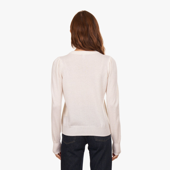 Autumn Cashmere Puff Sleeve Crew W/ Floral Hand Embroidery