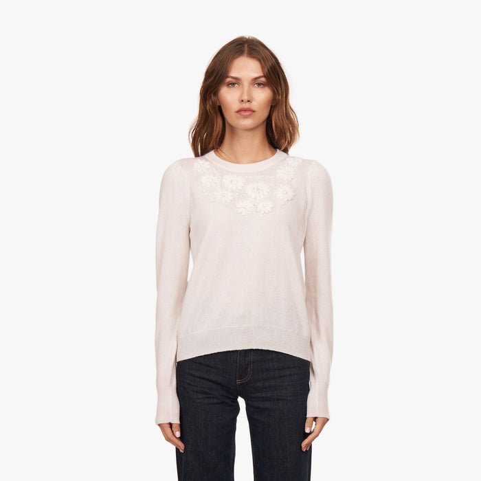 autumn cashmere Puff Sleeve Crew w/ Floral Hand Embroidery