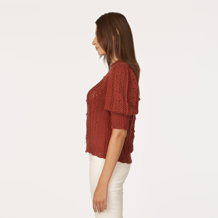 Autumn Cashmere Puff Sleeve Tile Stitch Mock In Cognac