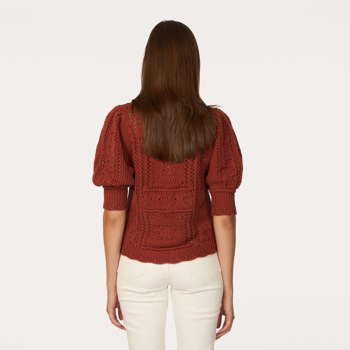 Autumn Cashmere Puff Sleeve Tile Stitch Mock In Cognac