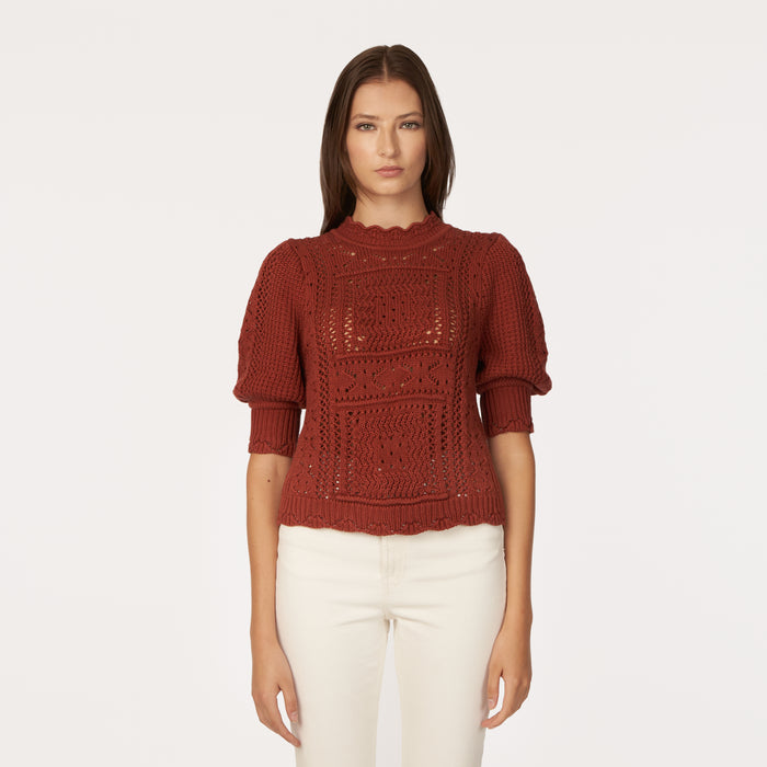 autumn cashmere Puff Sleeve Tile Stitch Mock in Cognac