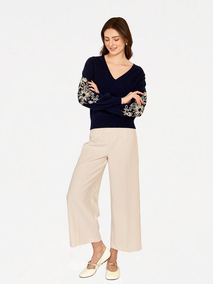 Autumn Cashmere Puff Sleeve V W/ Contrast Embroidery