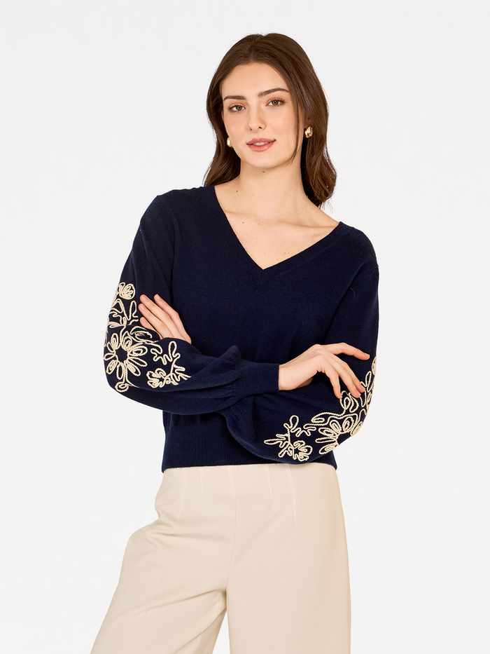 Autumn Cashmere Puff Sleeve V W/ Contrast Embroidery
