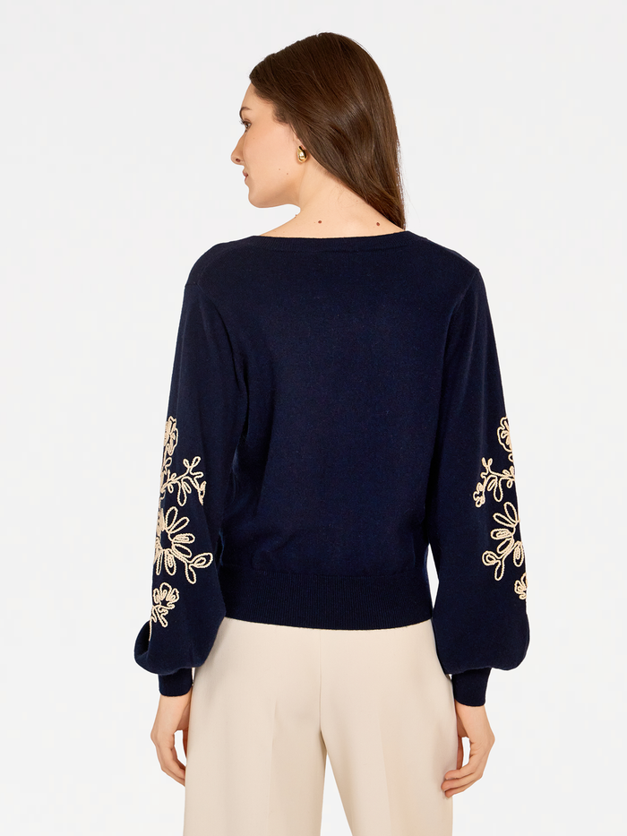 Autumn Cashmere Puff Sleeve V W/ Contrast Embroidery