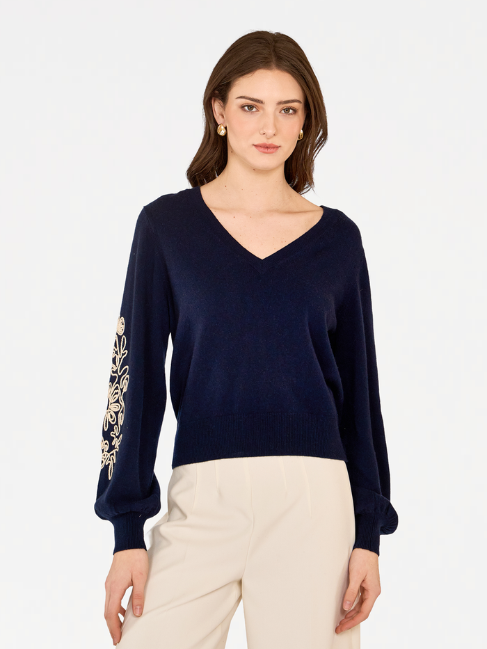 autumn cashmere Puff Sleeve V w/ Contrast Embroidery