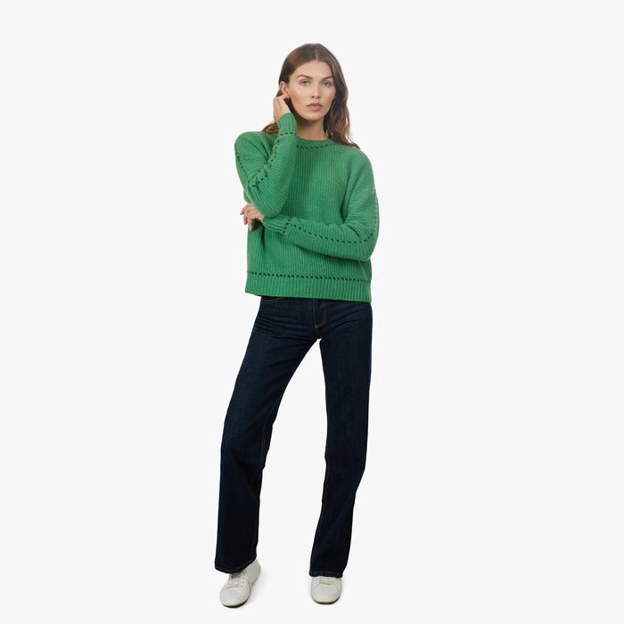 Autumn Cashmere Shaker Crew W/ Contrast Stitch Detail In Foliage/Navy