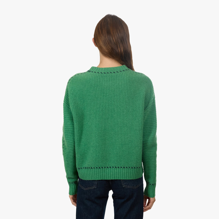 Autumn Cashmere Shaker Crew W/ Contrast Stitch Detail In Foliage/Navy