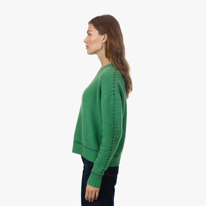 Autumn Cashmere Shaker Crew W/ Contrast Stitch Detail In Foliage/Navy