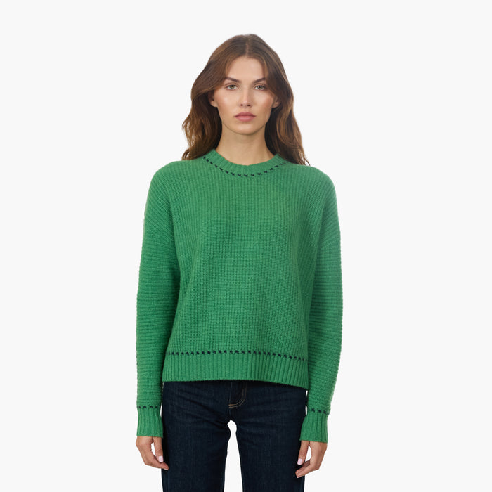autumn cashmere Shaker Crew w/ Contrast Stitch Detail in Foliage/Navy