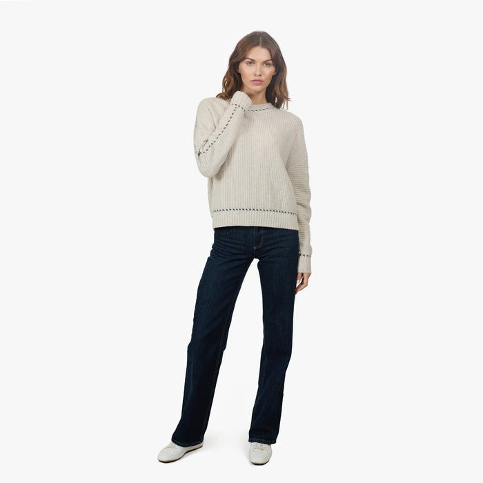 Autumn Cashmere Shaker Crew W/ Contrast Stitch Detail In Mojave/Pepper