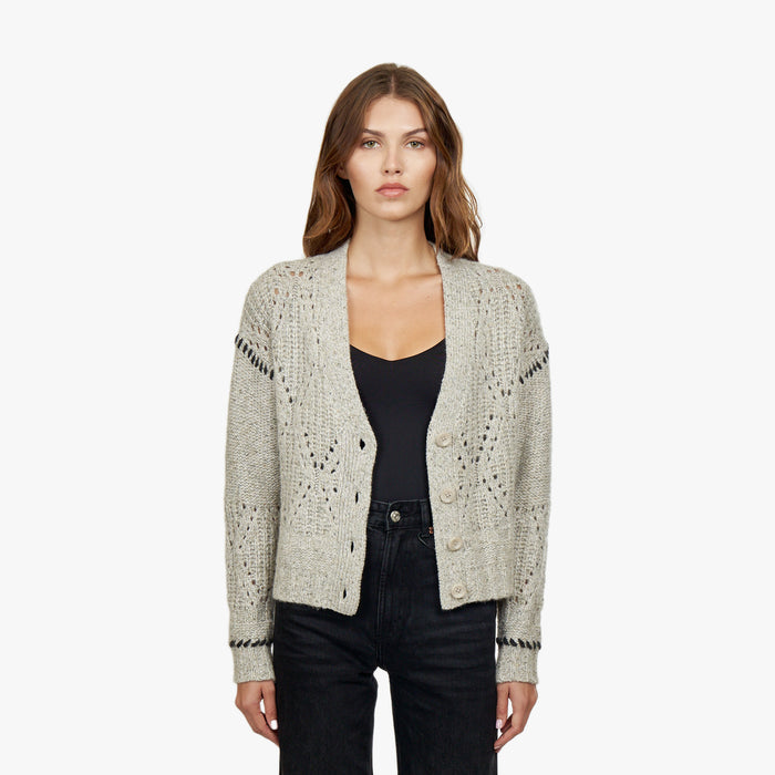autumn cashmere Shaker V Neck Cardi w/ Diamond in Pebble/Pepper