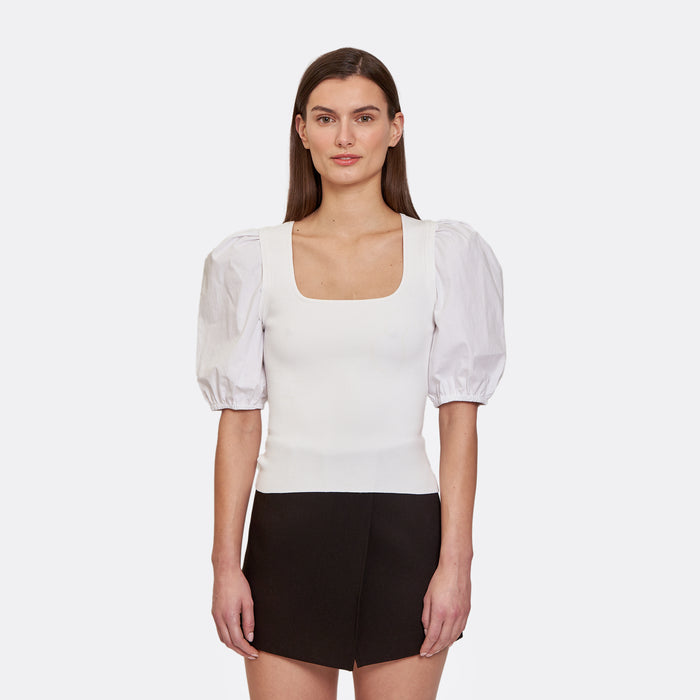 Autumn Cashmere Square Neck W/ Poplin Puff Sleeve In White
