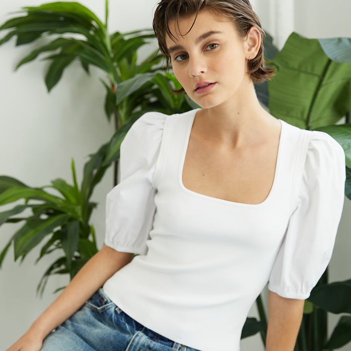 autumn cashmere Square Neck w/ Poplin Puff Sleeve in White