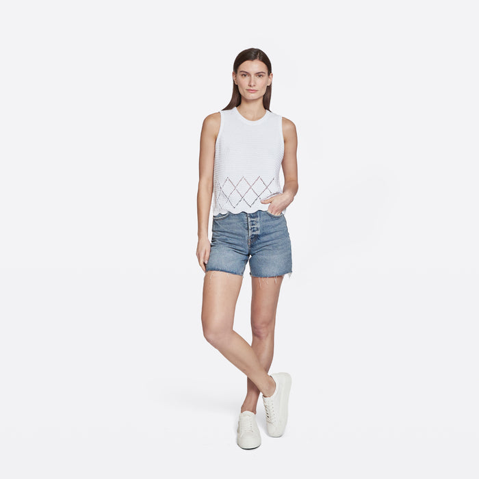 Autumn Cashmere Texture Stitch Shell W/ Pointell Diamond Border In Bleach White