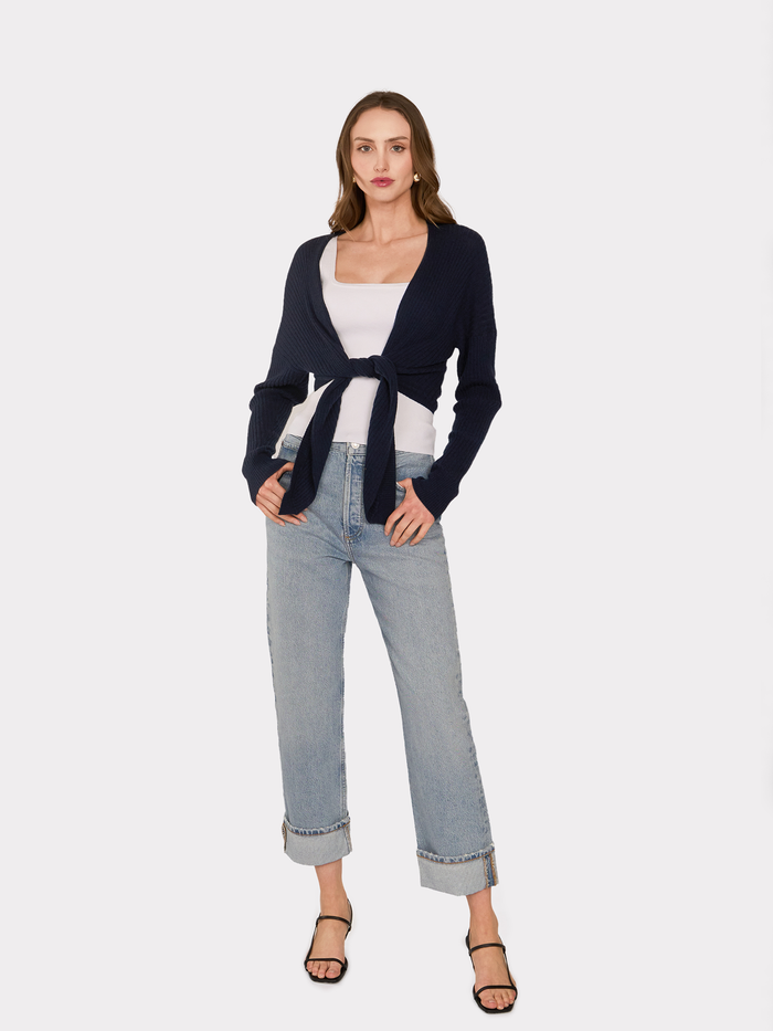 Autumn Cashmere Tie Front Rib Cardigan In Mood Indigo