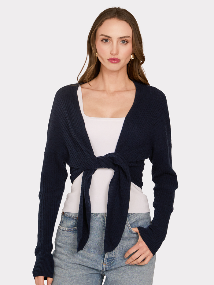 autumn cashmere Tie Front Rib Cardigan in Mood Indigo