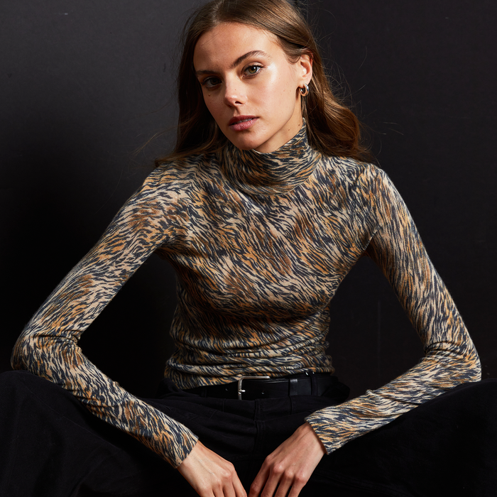 Autumn Cashmere Tiger Print Distressed Second Skin Mock