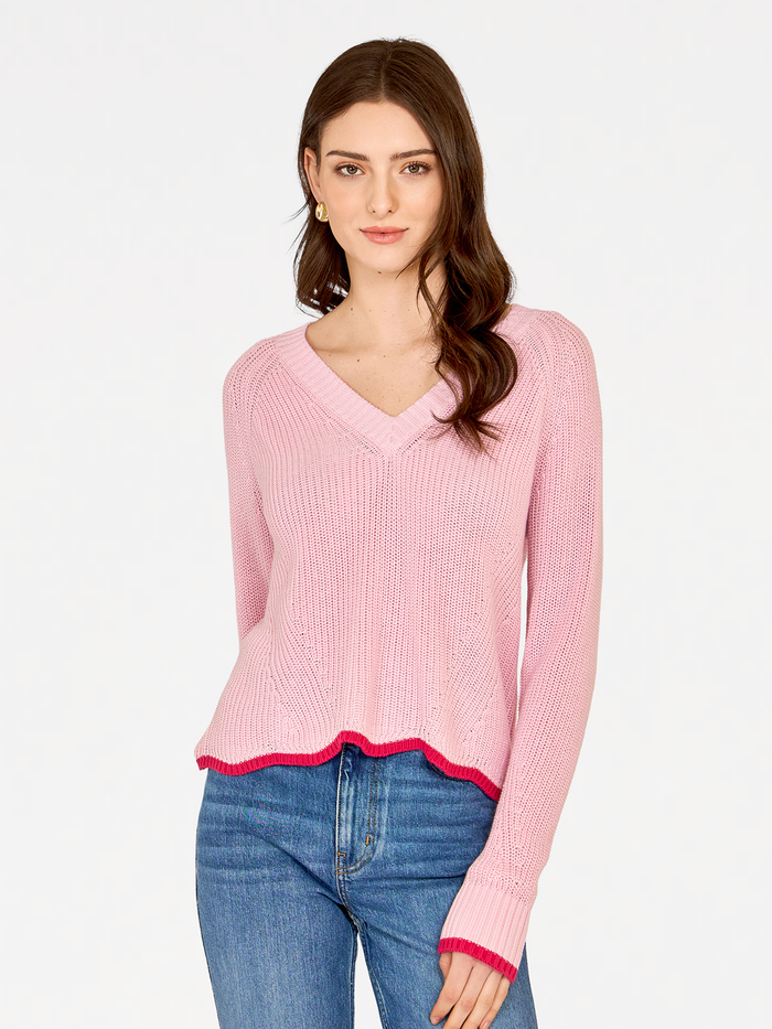 autumn cashmere Tipped Scallop Shaker V-Neck in Fondant