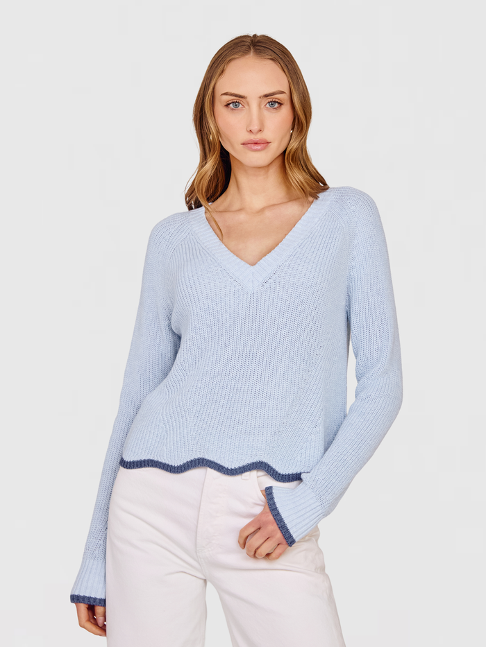 autumn cashmere Tipped Scallop Shaker V-Neck in Freeze