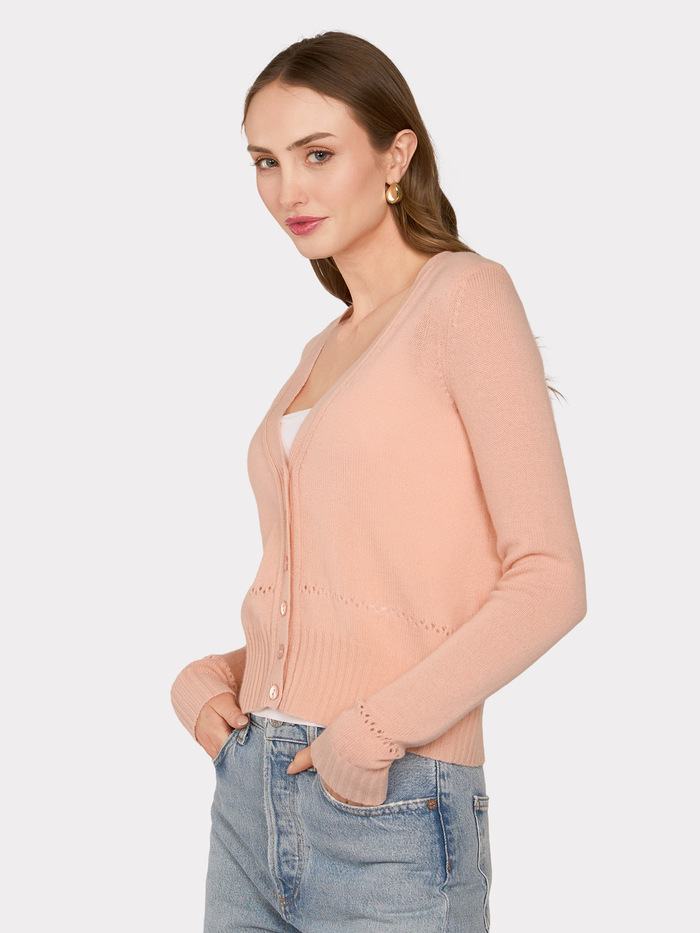 Autumn Cashmere V-Neck Cardigan W/ Pointelle Stitch Detail In Apricot