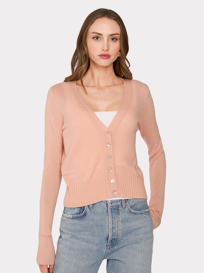autumn cashmere V-Neck Cardigan w/ Pointelle Stitch Detail in Apricot