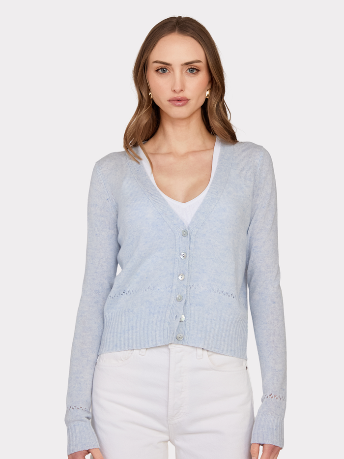 autumn cashmere V-Neck Cardigan w/ Pointelle Stitch Detail in Space