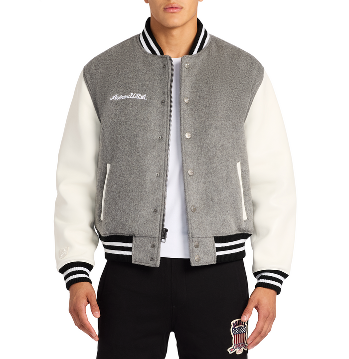 Avirex WOOL LEATHER VARSITY JACKET HEATHER GREY