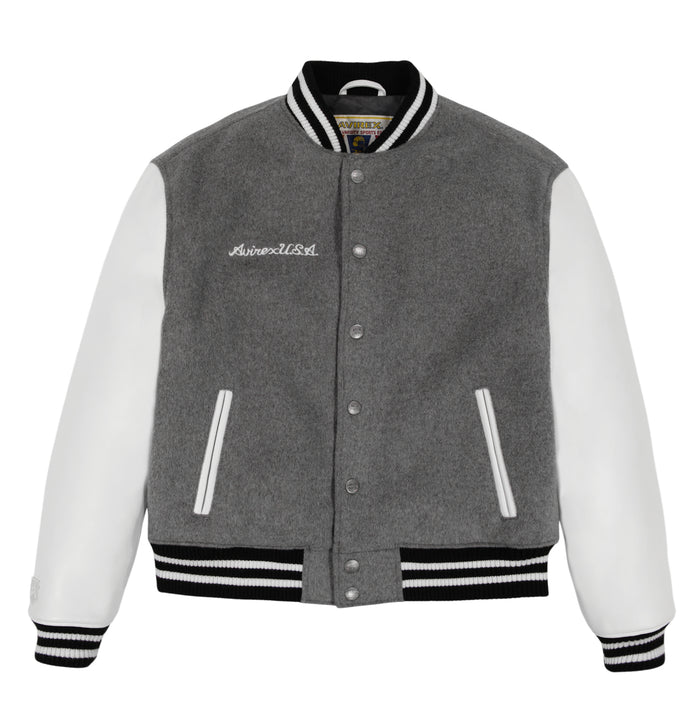 avirex WOOL LEATHER VARSITY JACKET HEATHER GREY