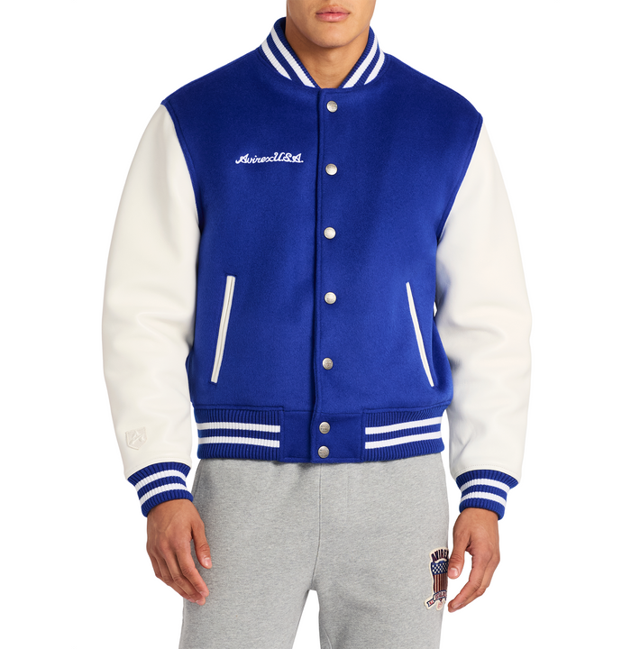 Avirex WOOL LEATHER VARSITY JACKET MAZARINE BLUE